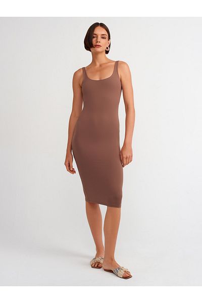Dilvin 91200 Rochie Midi din Poliamida Model U Gât - Maro Inchis