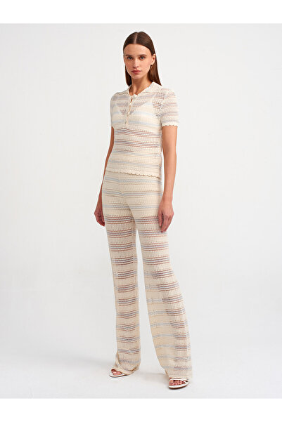 Dilvin 10590 Model Polo Neck Openwork Knitwear Blouse - Natural