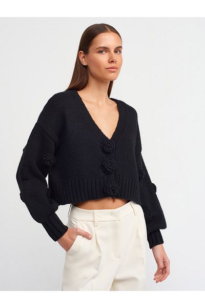Dilvin 60216 Cardigan negru cu mâneci cu balon brodat tricotaj cu trandafiri - decolteu în V