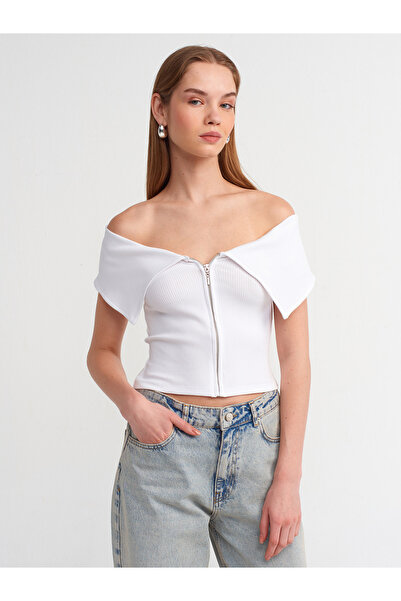 Dilvin 30748 Λεπτομερές φερμουάρ εκτός ώμου, λευκό