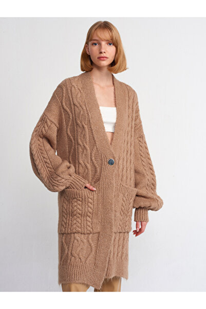 Dilvin 60194 V Yaka Tek Düğmeli Cepli Triko Hırka-Camel