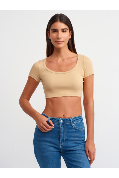 Dilvin 30876 Crop Top cu mânecă scurtă-Camel