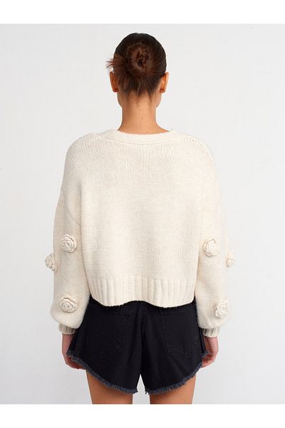 Dilvin 60216 Model V-neck Rose Embroidered Balloon Sleeve Knitwear Cardigan - Ecru