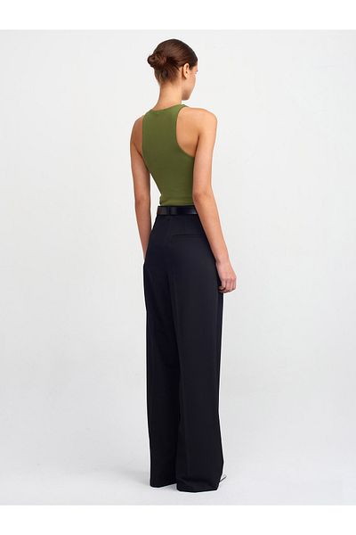 Dilvin 71272 Wide Leg Draped Trousers with Belt Bridge-Black
