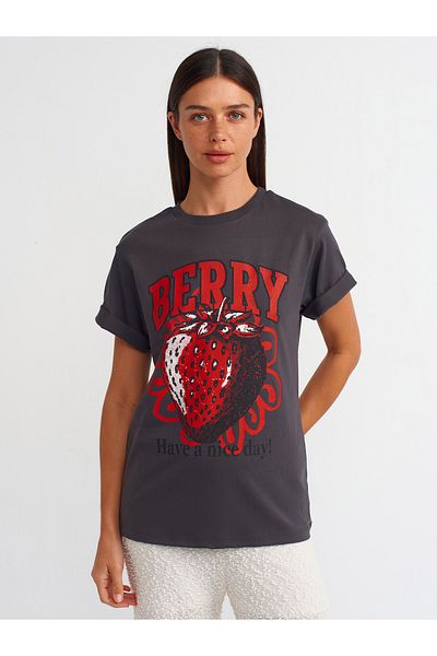 Dilvin 31064 Printed Anthracite Crew Neck T-shirt