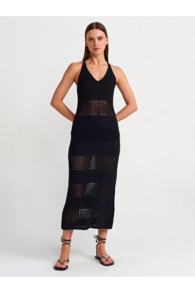 Dilvin 90213 Πλεκτό φόρεμα με λαιμόκοψη V-λαιμόκοψη-Μαύρο