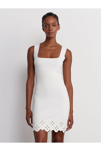 Dilvin 90223 Ecru Knitwear Dress - Square Collar and Floral Embroidery