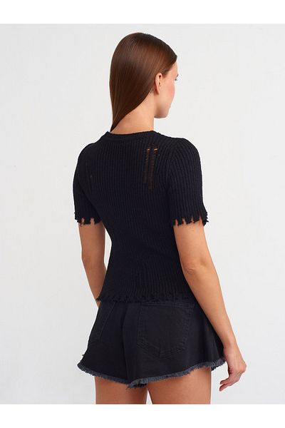 Dilvin 10555 Black Knitwear Sweater - Crew Neck and Ripped Detail