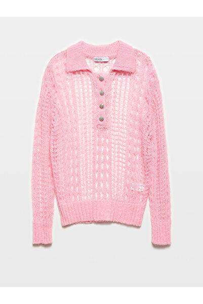 Dilvin 10624 Ροζ πόλο λαιμόκοψη και πέτρινα κουμπιά διάτρητο πλεκτό πουλόβερ