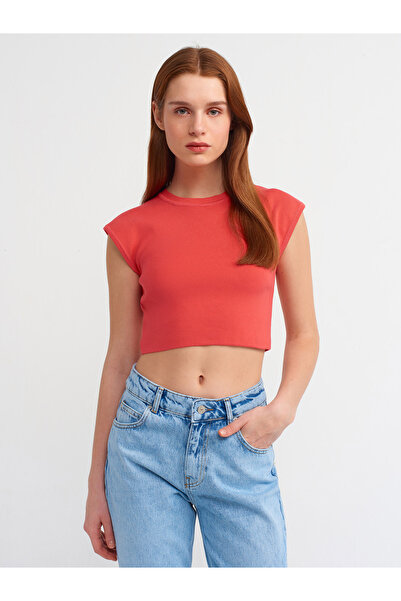 Dilvin 10525 Crew Neck Short Sleeve Knitwear Top-A.Red