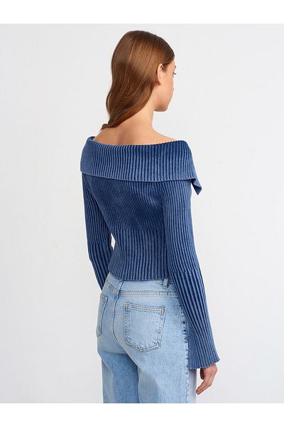 Dilvin 60206 Cardigan de tricotaj cu fermoar cu mâneci cu efect decolorat-INDİGO