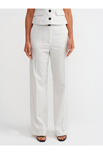 Dilvin 71519 Mid Waist White Striped Classic Trousers