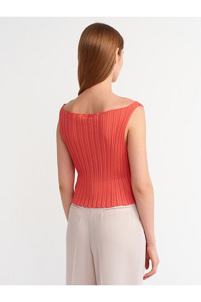 Dilvin 10560 Boat Neck Ribbed Transparent Knitwear Blouse-Red