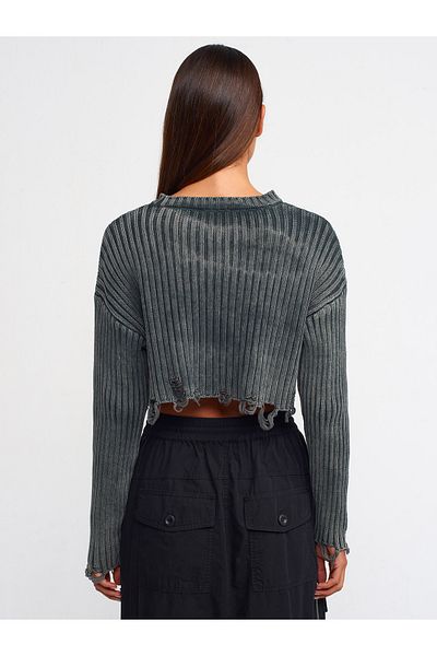 Dilvin 10488 Pulover crop cu detaliu rupt cu decolteu roșu cu efect decolorat-antracit