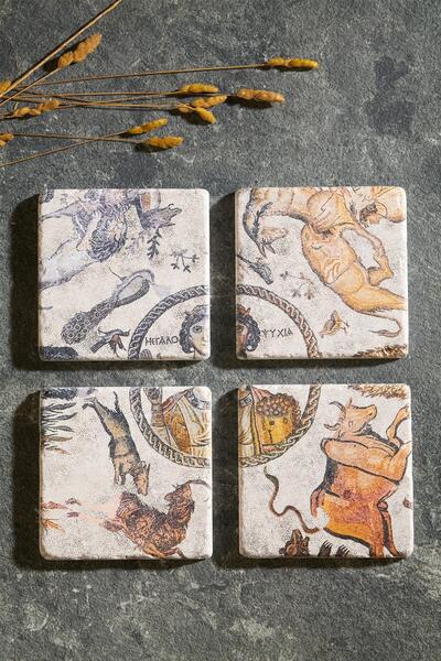 Anadolia 4-Piece Travertine Coasters - Yakto Mosaic with Special Wooden Box