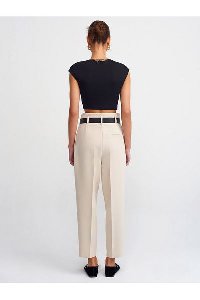 Dilvin 71242 Belted High Waist Trousers-Stone