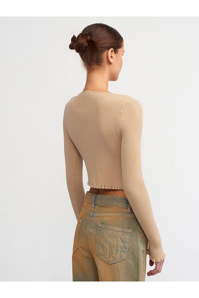 Dilvin 60134 Strick-Cardigan mit U-Kragen und Accessoires auf der Vorderseite – Beige