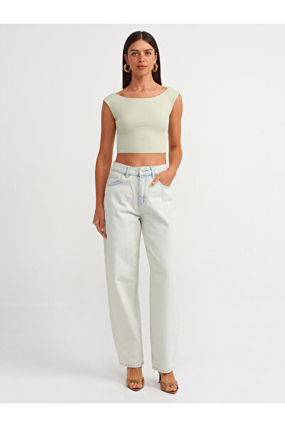 Dilvin 20869 Mint Color Boat Neck Crop Top
