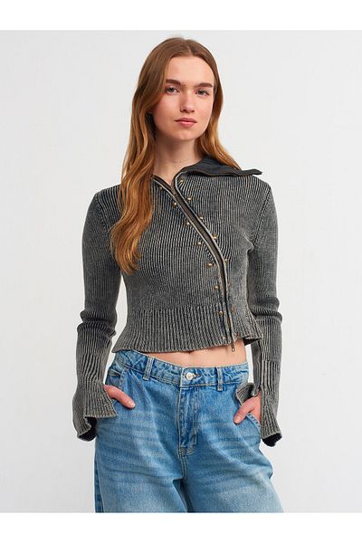 Dilvin 60213 Pale Effect Zippered Sleeve Slit Knitwear Cardigan-Anthracite