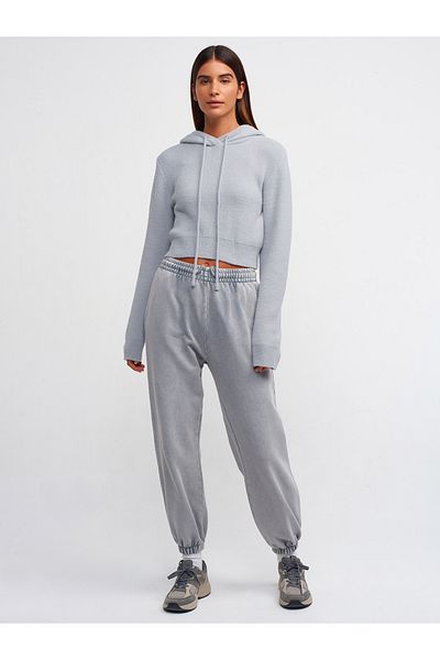Dilvin 10486 Gray Soft Textured Hooded Crop Sweater