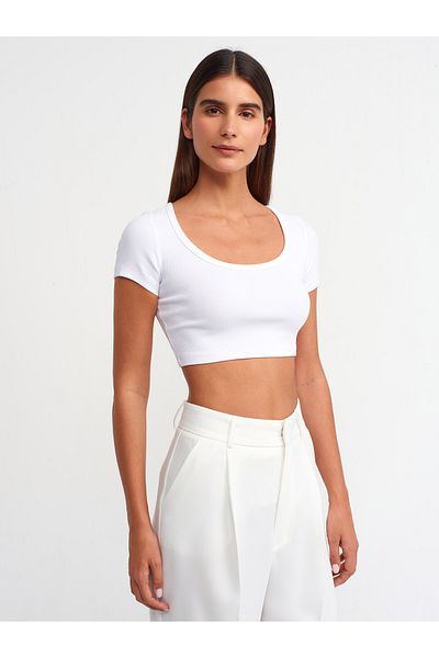 Dilvin 30876 Short Sleeve Crop Top-White