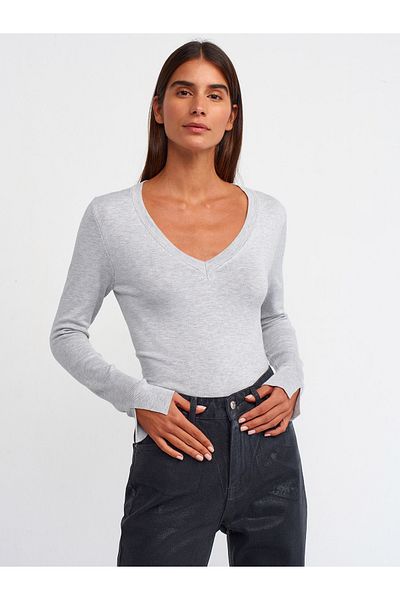 Dilvin 10427 V Neck Slit Sweater-Grey Melange