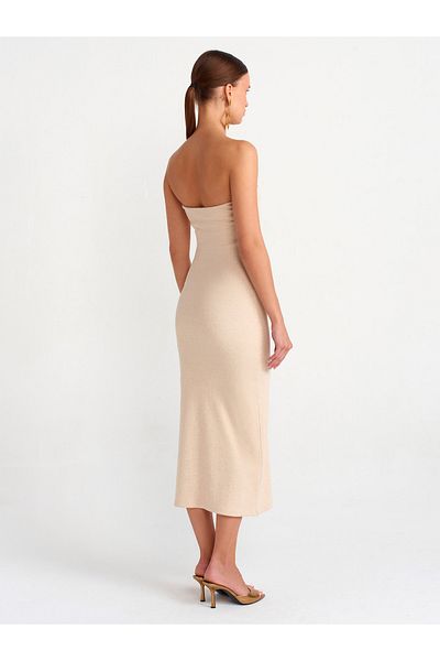 Dilvin 91127 Strapless Midi Dress-Beige Melange