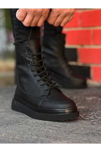 BOA Kb 0991 Black Skin Black Sole High Sole Lace up Boots