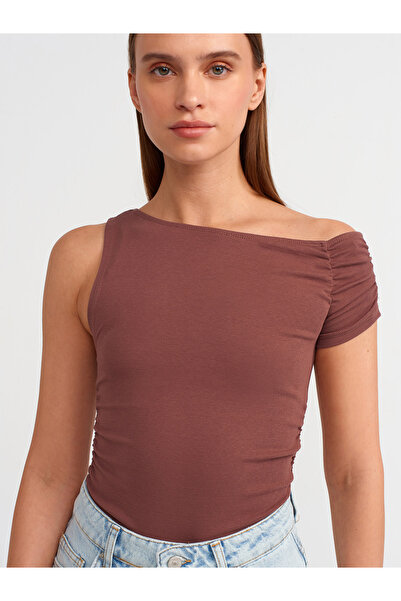 Dilvin 30977 Ασύμμετρη Μπλούζα Gathered - Καφέ