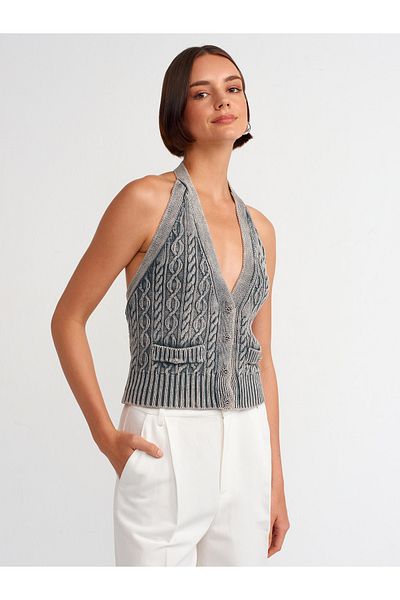 Dilvin 60234 Gray Knitwear Vest - Halter Collar and Button Detail