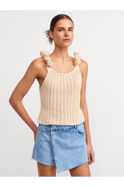 Dilvin 10524 Handcrafted Floral Detailed Knitwear Top with Straps-Natural