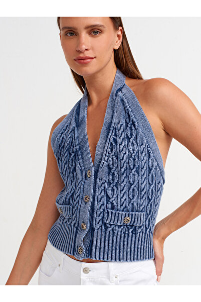 Dilvin 60234 Indigo Halter Neck Knitwear Vest - Buttoned