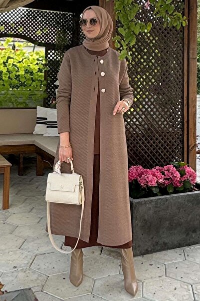 Rabia Şamlı Πλεκτή Ζακέτα Sinem Milk Coffee - Ατσάλινο πλεκτό σχέδιο