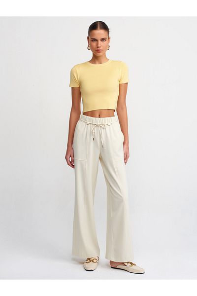 Dilvin 71251 Elastic Waist Wide Leg Trousers-Ecru