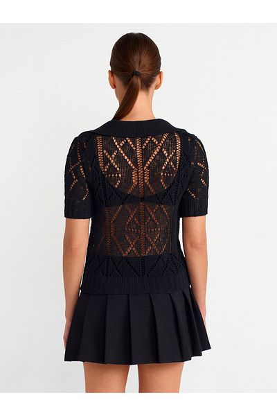 Dilvin 10565 Pulover tricotaj ajurat cu gât polo-negru