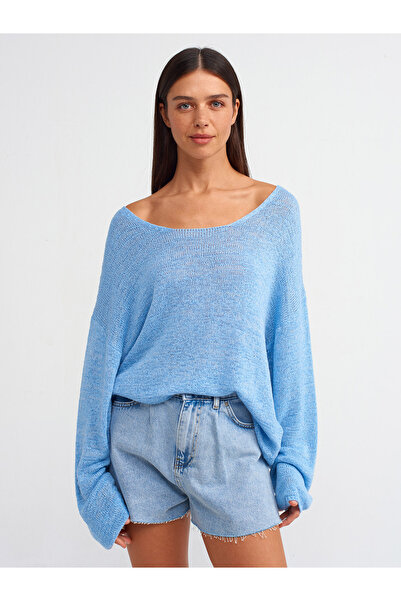 Dilvin 10547 Pulover din tricot cu textura moale cu guler oval-albastru