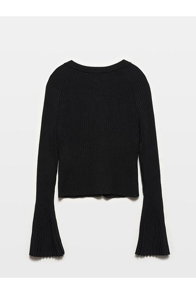 Dilvin 60246 Black Spanish Sleeve Knitwear Cardigan - Crew Neck and Button Detail