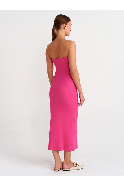 Dilvin 91100 Strapless Midi Dress-Fuchsia