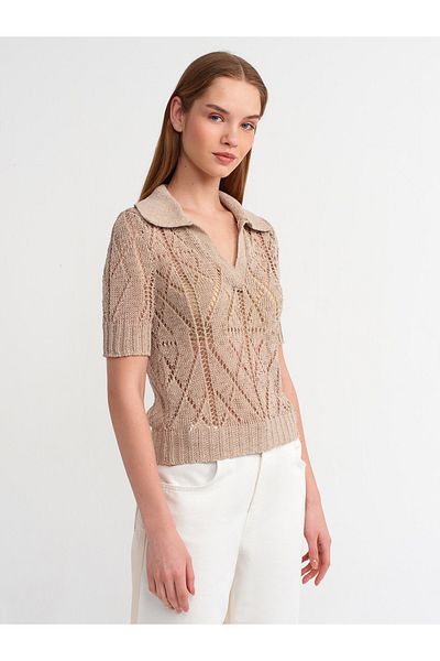 Dilvin 10565 Guler polo Pulover tricotaj ajurat-bej