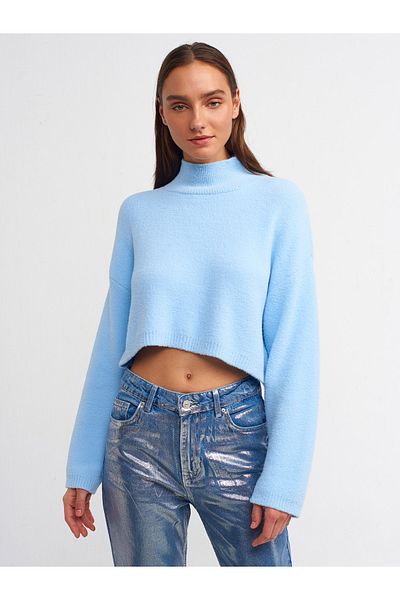 Dilvin 10483 Pulover crop cu guler cu textura moale-albastru