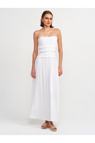 Dilvin 91220 White Strapless Gipe Detailed Dress