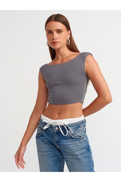 Dilvin 20869 Smoked Boat Neck Crop Top
