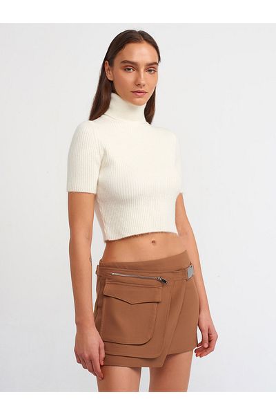 Dilvin 10487 Full Turtleneck Ribbed Short Sleeve Crop Sweater-ecru