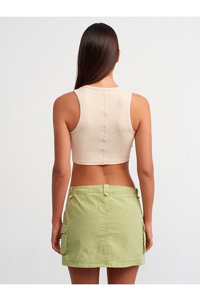 Dilvin 30962 Stitching Detailed Crop Top-Beige Melange