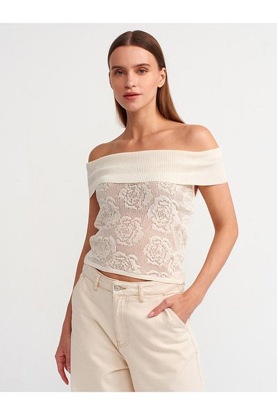 Dilvin 10581 Ecru Knitwear Blouse - Bardot Collar and Bow Detail