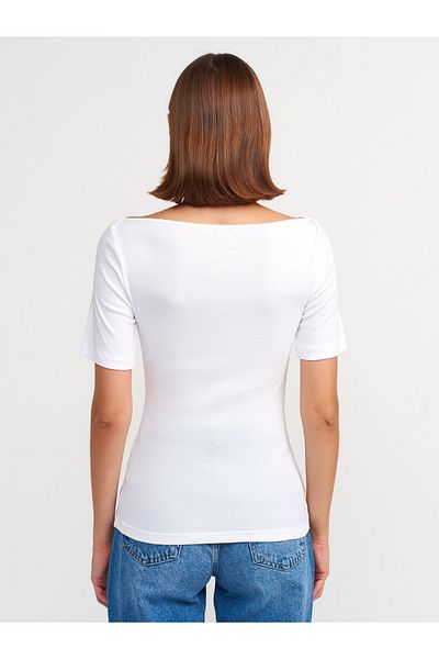 Dilvin 31164 Model White Boat Neck T-Shirt