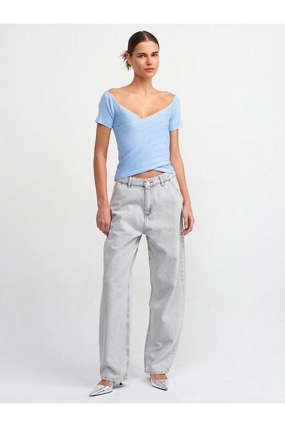 Dilvin 10528 Bluză de tricotaj cu guler Bardot albastru