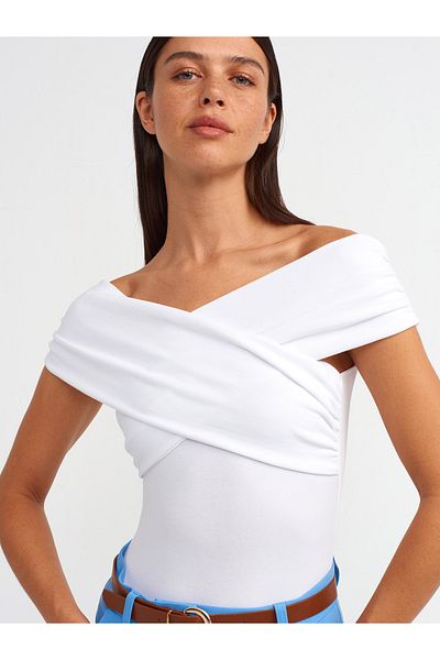 Dilvin 20828 Off-shoulder Drawstring Bodysuit-White
