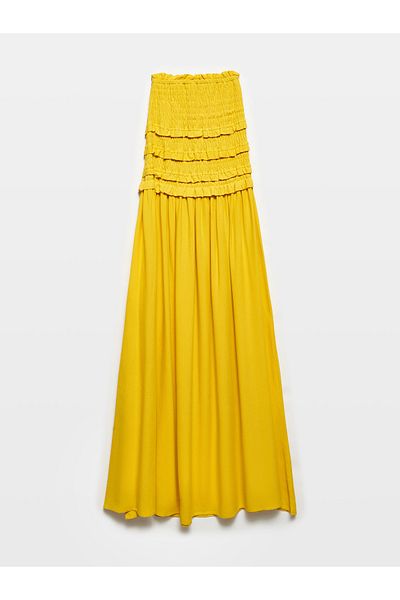 Dilvin 91220 Yellow Strapless Gipe Detailed Dress