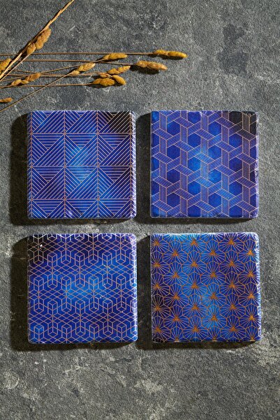 Anadolia Blue 4-Piece Travertine Coasters - Gold Leaf Special Wooden Box